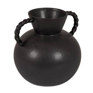 8.5 in. Matte Black Stoneware Round Decorative Vase with Twisted Handles | The Home Depot