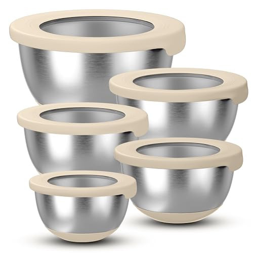KITEISCAT Stainless Steel Mixing Bowls with Lids – Set of 5 Large Nesting Metal Bowls for Kitchen, Baking, Cooking, Food Prep & Storage, Non-Slip Base, Dishwasher Safe,Khaki | Amazon (US)