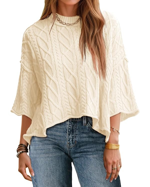 Saodimallsu Womens Cable Knit Cropped Sweaters Oversized 3/4 Sleeve Crew Neck Fall Casual Pullove... | Amazon (US)