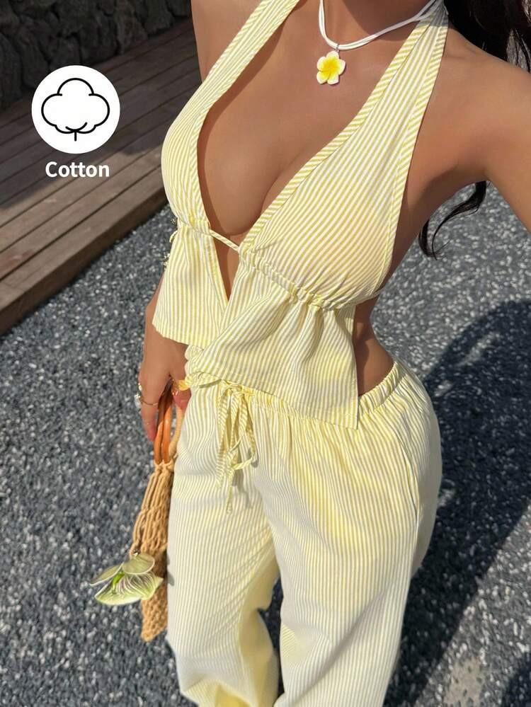 Sunnyshic 2pcs Women Blue & White Striped Suit: Cotton Deep V-Neck Backless Halter Top And High Waist Drawstring Wide Leg Pants, Fashion Casual Vacation Everyday Outfit, Spring/Summer | SHEIN