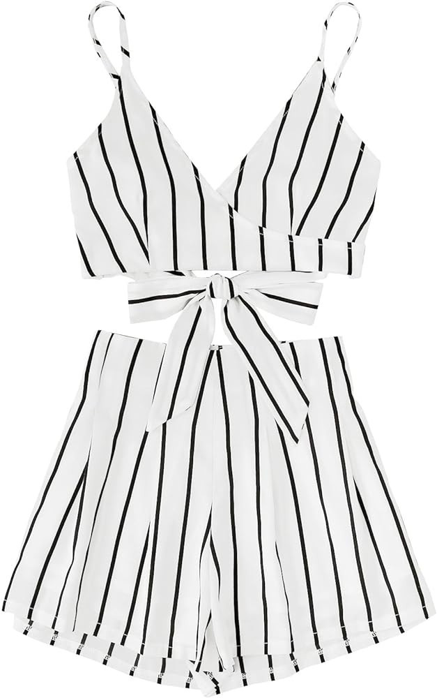 MakeMeChic Women's 2 Piece Outfit Summer Striped V Neck Crop Cami Top Black White Shorts Short Set | Amazon (US)