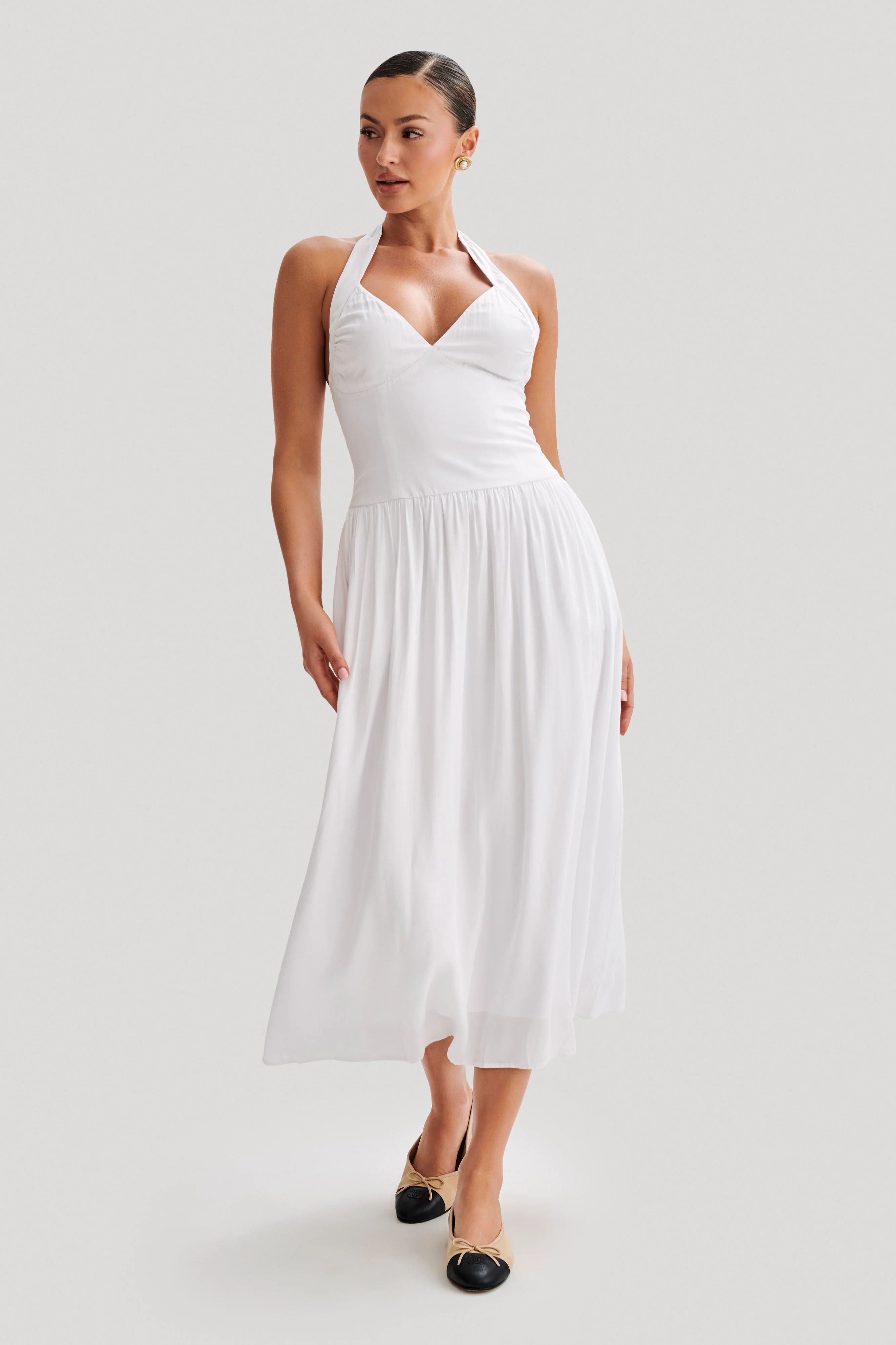 Harriette Halter Midi Dress - White | MESHKI US