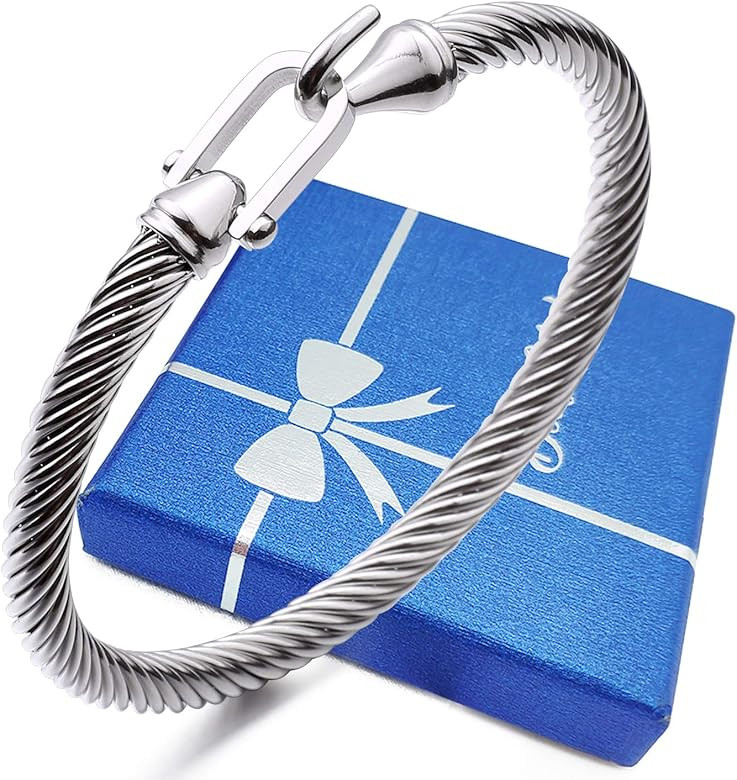 HX SHARE Twisted Cable Bracelet Stylish Fine Stainless Steel Cable Cuff Bracelet with Hook Clasp ... | Amazon (US)