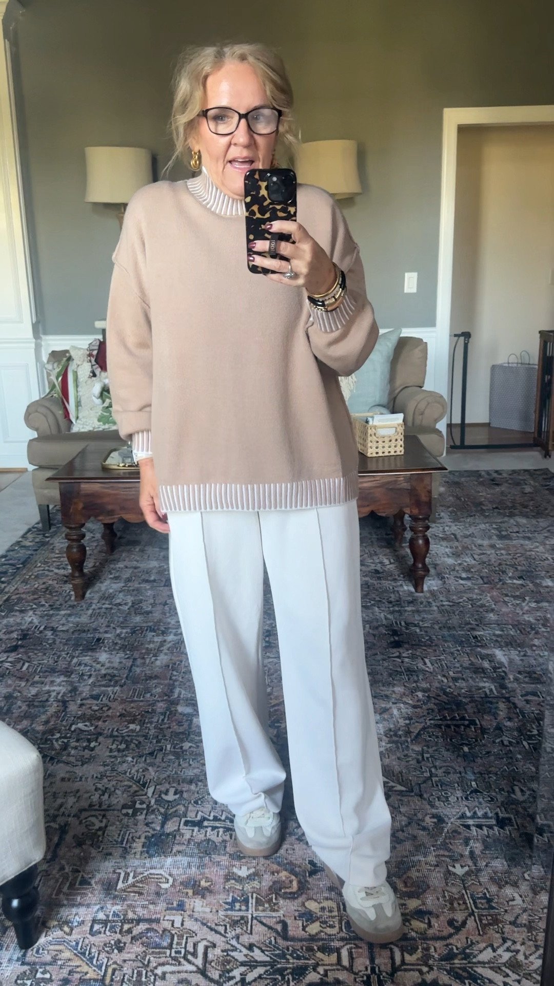 Sweater size large. It’s very soft. I did need to steam it when it arrived. 

Very soft flowy sweats by target. Wearing a medium. Def size down. 

20% off Allie+Bess bracelets too! 

Thanksgiving outfit, fall outfit, Amazon sweater, target sweats, relaxed, casual, travel outfit

#LTKFindsUnder50 #LTKOver40 #LTKTravel