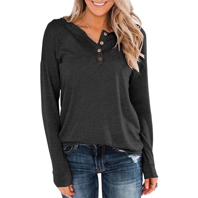 Women's Long Sleeve Henley Tops Pullover With Buttons Down Casual Loose Fit V-Neck Tunics - Walma... | Walmart (US)