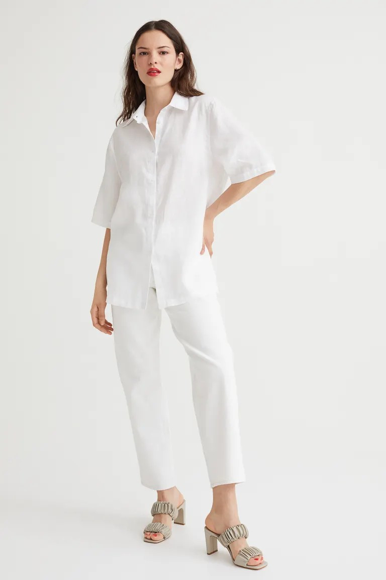 New ArrivalRelaxed-fit shirt in airy linen. Pointed collar, buttons at front, heavily dropped sho... | H&M (US + CA)
