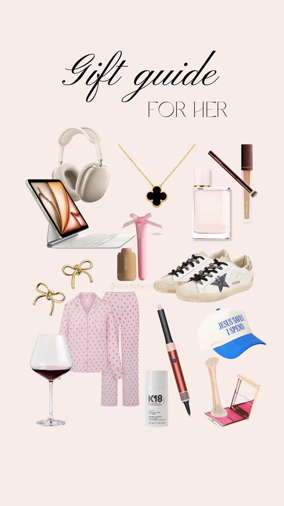 Gift Guide For Her 🎁✨ golden goose, airpod max, wine glasses, patrick ta, hourglass cosmetics, dyson airwrap, ipad, rhode, bow, jewelry, bauble bar, k18, sneakers, makeup, hair product, van cleef dupe 

 #LTKCyberWeek #LTKGiftGuide #LTKHoliday