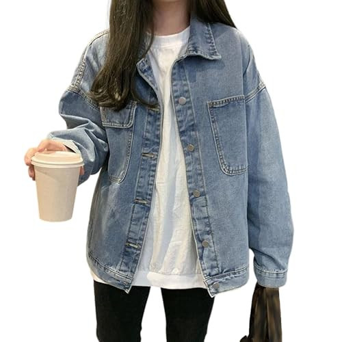 FUNRKLI Oversized Long Sleeve Women’s Denim Jacket Button Up Front Relaxed Fit Urban Jean Outerwear Light Blue Large | Amazon (US)