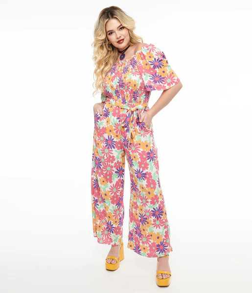 Hot Pink & Purple Floral Flutter Sleeve Jumpsuit | UniqueVintage