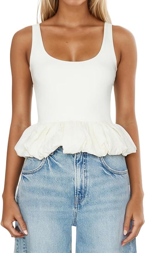 Women's Ruffle Bubble Hem Tank Top Scoop Neck Backless Sleeveless Patchwork Peplum Top Going Out ... | Amazon (US)