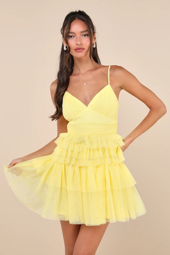 Special Poise Yellow Tulle Pleated Sleeveless Tiered Mini Dress | Lulus