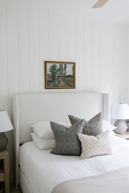 I love switching out my pillow covers for summer in our bedrooms. Here I have used a combination of pretty blues, creams and blush. It goes perfectly with the vintage art print and our neutral  upholstered bed

#LTKSeasonal #LTKstyletip #LTKhome