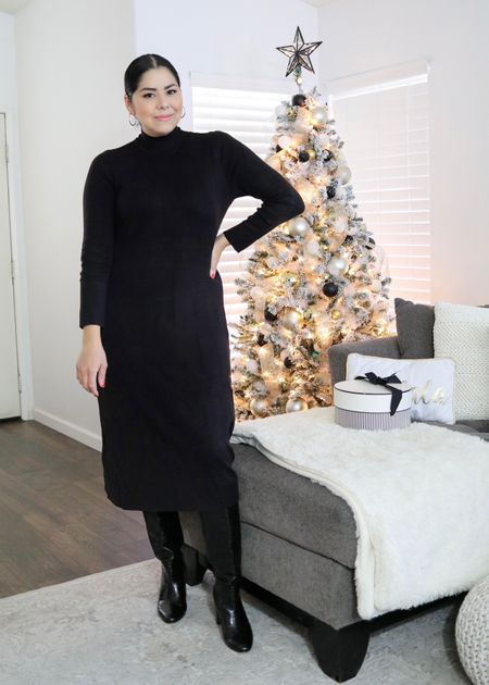 What to wear Christmas eve, black midi dress, black croc embossed boots, black and gold Christmas decor

#LTKHoliday #LTKunder100 #LTKstyletip