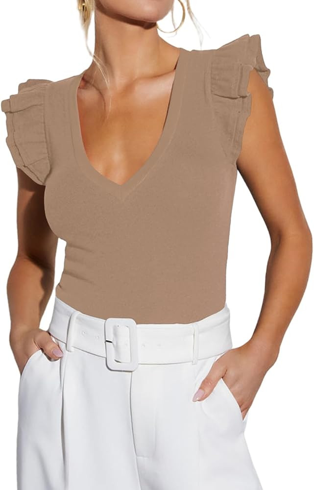 Ezbelle Women's Summer Sleeveless Tops V Neck Ruffle Shirts Ribbed Knit Tank Top Sexy Blouse Ladi... | Amazon (US)
