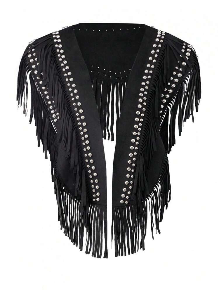 Women's Studded Suede Vest 70s Hippie Outfit Sleeveless Open Front Tassel Vest Collar | SHEIN