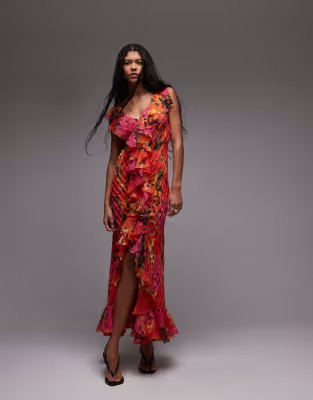 Topshop premium ruffle pintuck gown in red and orange floral | ASOS | ASOS (Global)