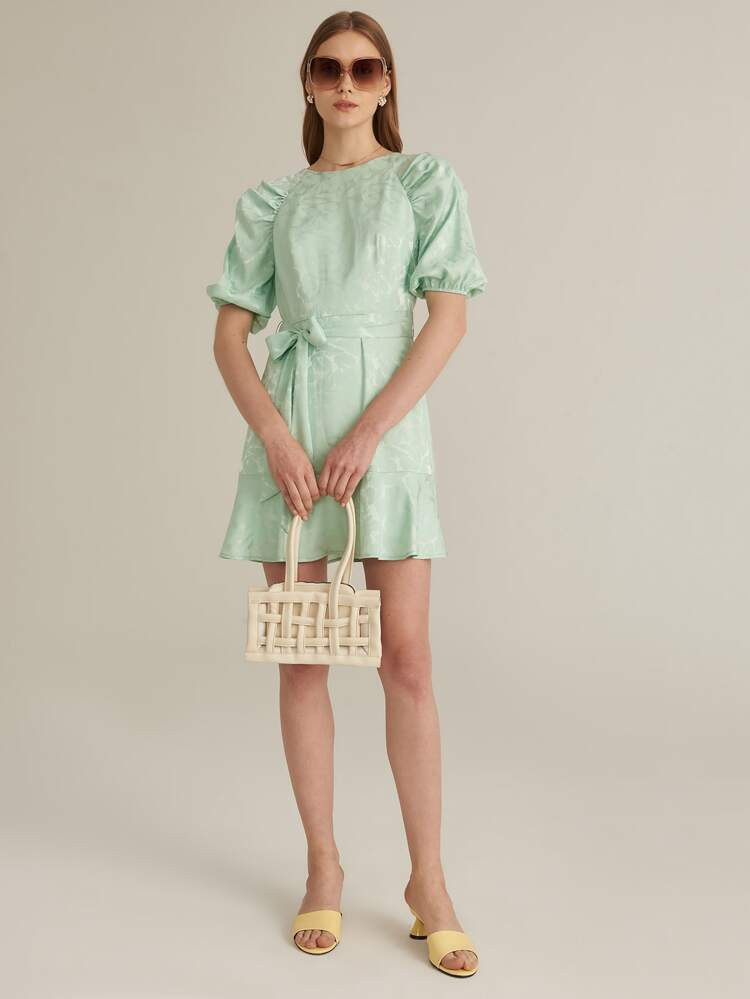 MOTF PREMIUM SATIN BELTED GATHERED RUFFLE JACQUARD DRESS | SHEIN