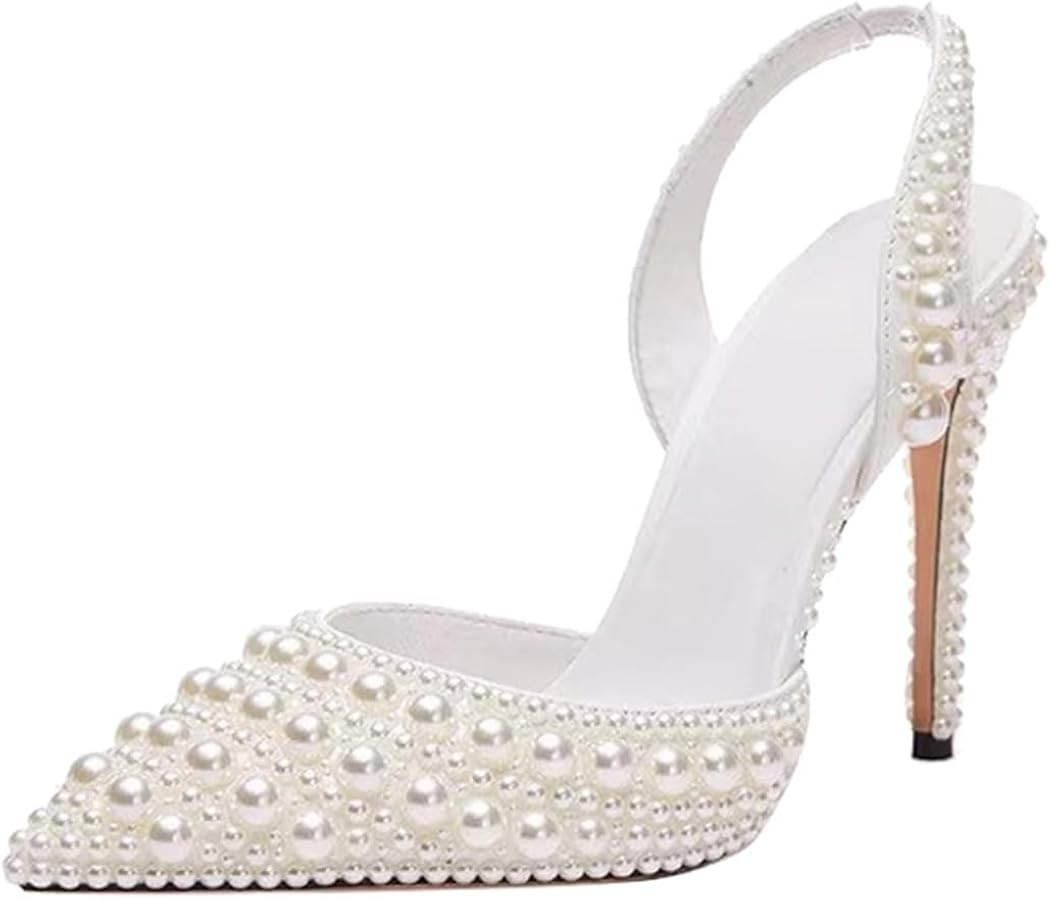 Pearl Slingback Heels for Women, Pointed Closed Toe Slip On Heeled Sandals Satin Stiletto Heel Ev... | Amazon (US)