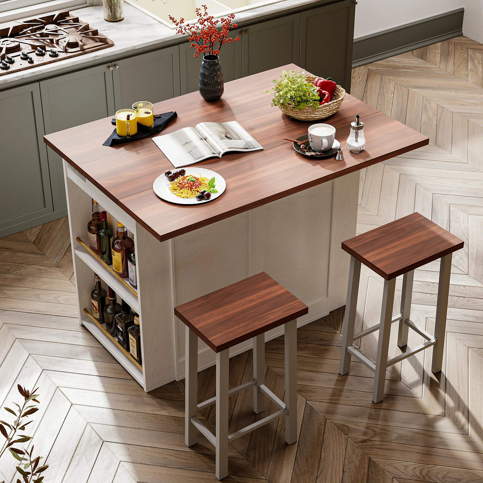 3 Pieces Kitchen Island Set with Storage Cabinet, Drawers, and 2 Stools | Wayfair North America