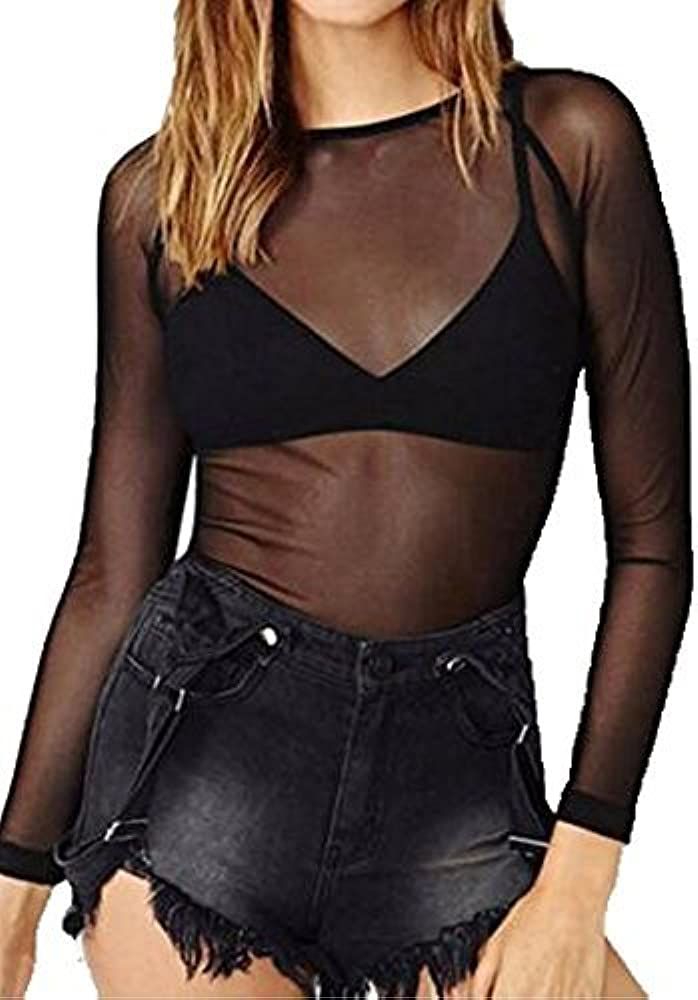 Women's Short Sleeve Long Sleeve Bodycon Clubwear Sheer Pure Mesh Tops T Shirts | Amazon (US)