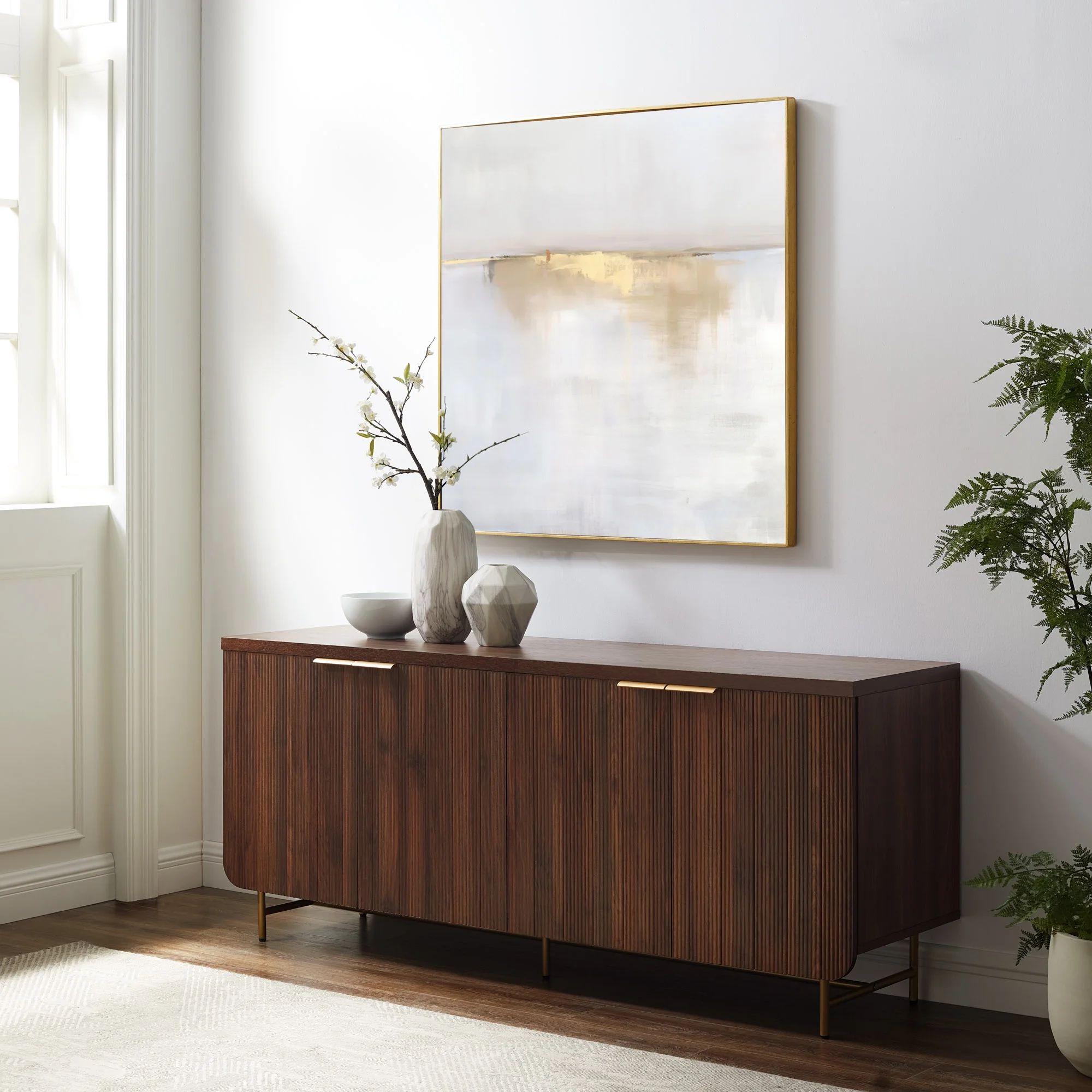 Walker Edison 69” Scandinavian 4-Door Reeded-Front Sideboard, Dark Walnut/Gold | Walmart (US)