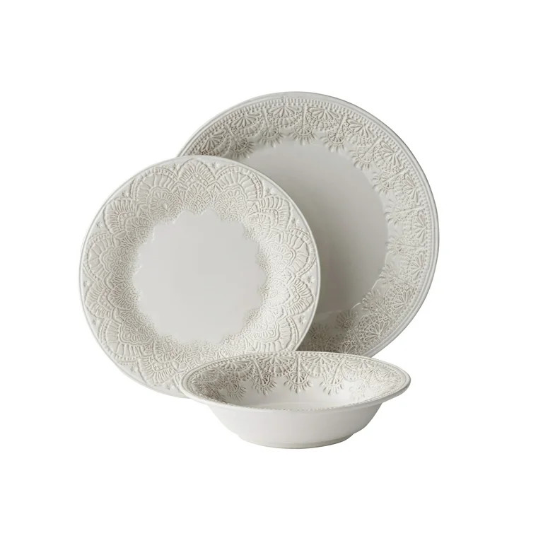 The Pioneer Woman Vintage Lace 12-Piece Ceramic Dinnerware Set, Linen - Walmart.com | Walmart (US)