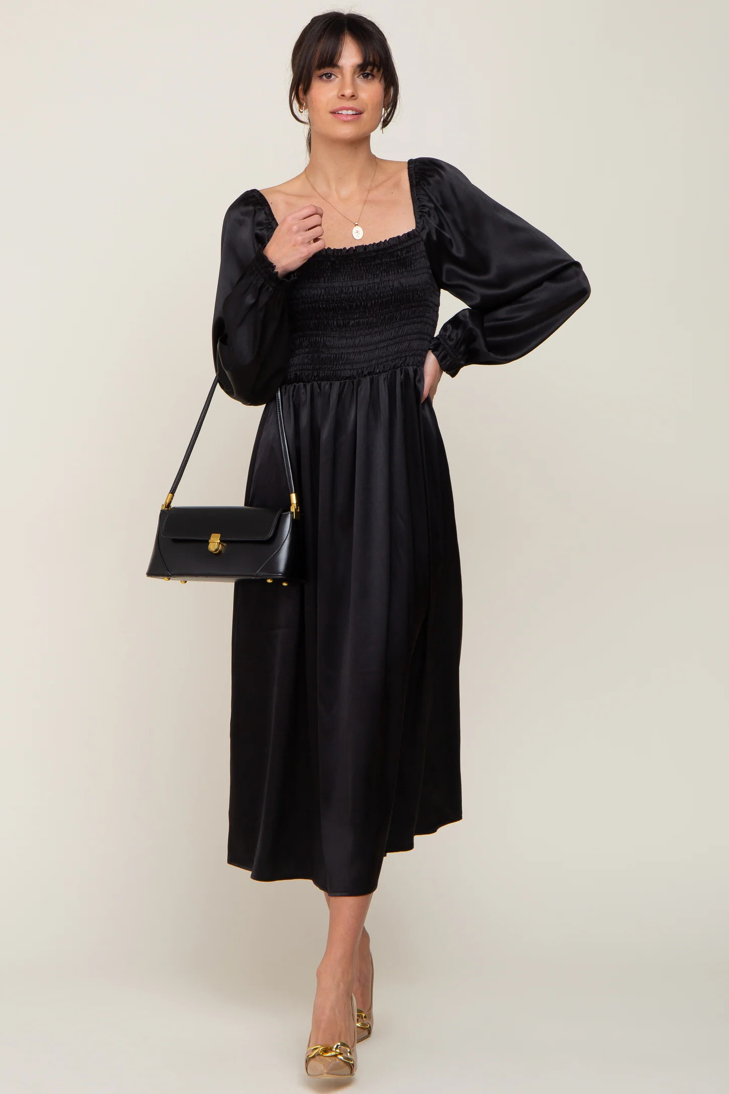 Black Smocked Square Neck Satin Midi Dress | PinkBlush Maternity