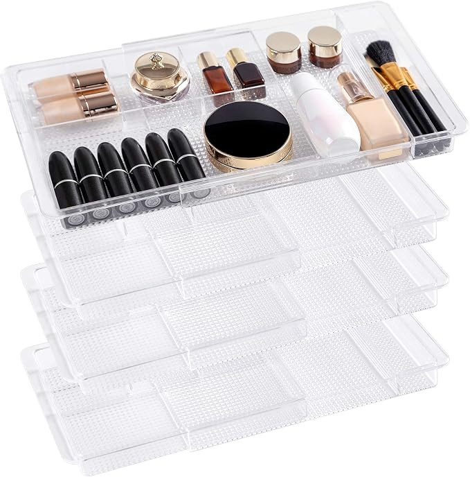 Oubonun Expandable Drawer Organizer 11.1” to 19.2” Wide Adjustable Makeup Organizer (4 Packs)... | Amazon (US)