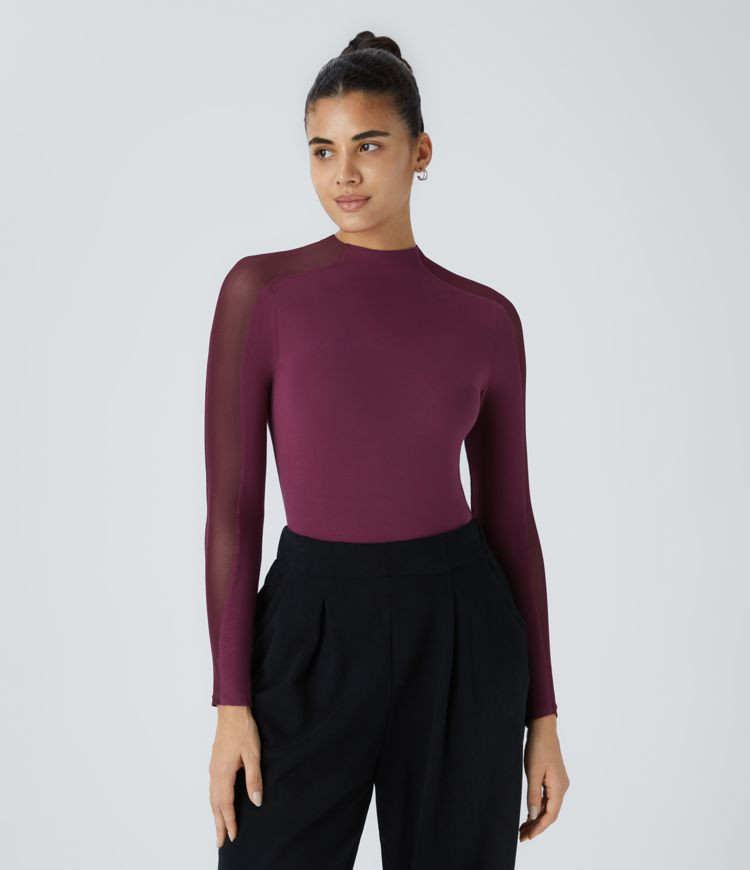 Women’s Stand Collar Raglan Long Sleeve Contrast Mesh Skinny Work Top - Halara | HALARA