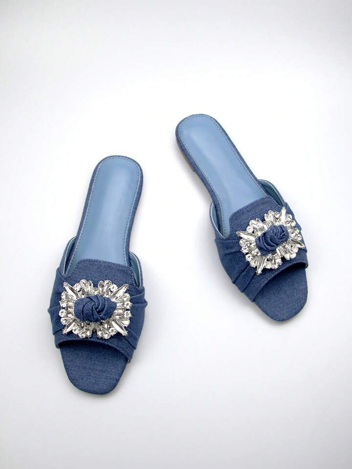 Glamorous Blue Sandals For Women, Rhinestone Decor Denim Slide Sandals | SHEIN