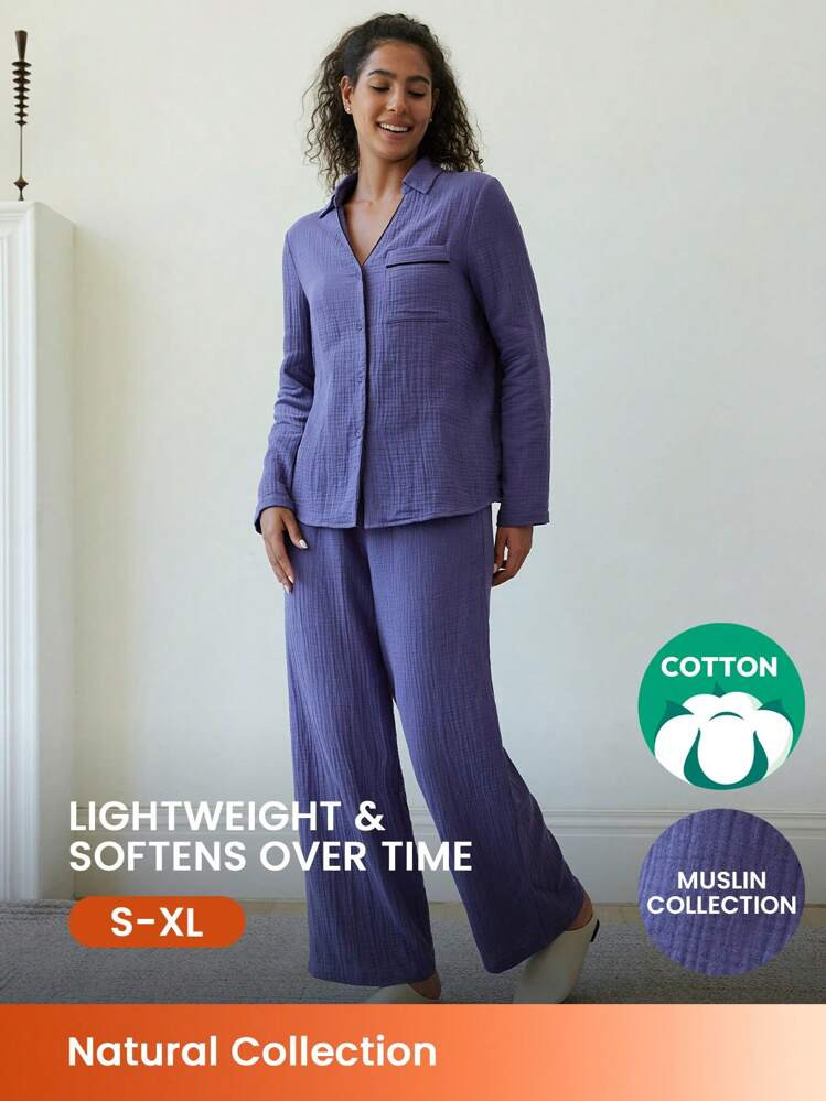 LUVLETTE Autumn And Winter Breathable 100% Pure Cotton Pleated Crinkle Long Women Loungewear Pajama Set With Button-Up Top Lounge Sets For Women Fall Pajamas Clothes | SHEIN