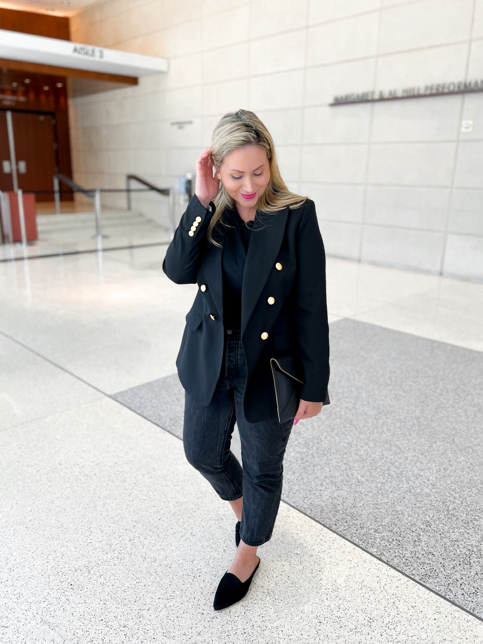 Elevated casual: black captain’s blazer with gold buttons (size 12), ribbed razor back tank (L), cropped black jeans (10), black envelope purse & black suede mules

#LTKworkwear #LTKSeasonal #LTKFind