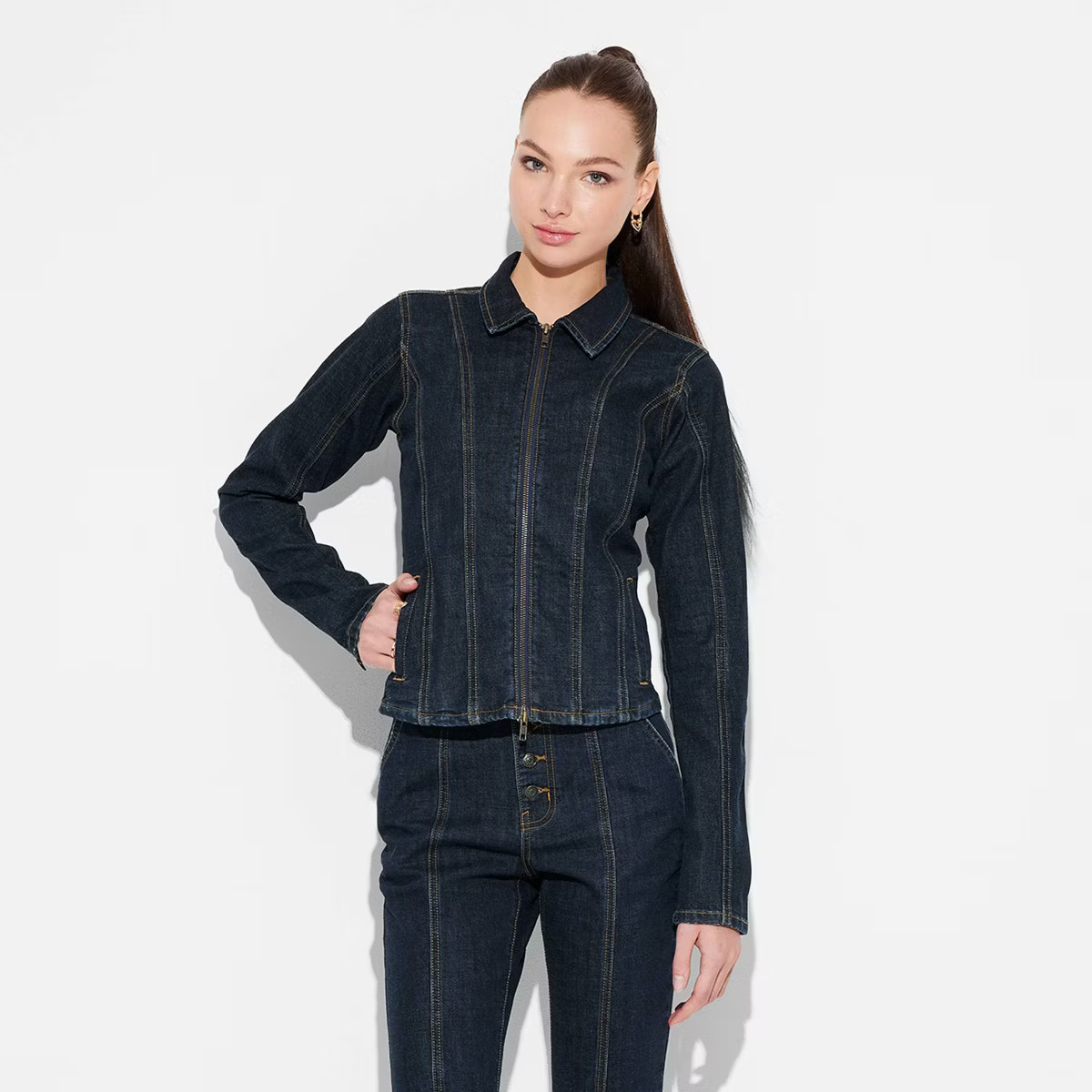 Women's Seamed Denim Moto Jacket - Wild Fable™ Dark Wash 2X | Target