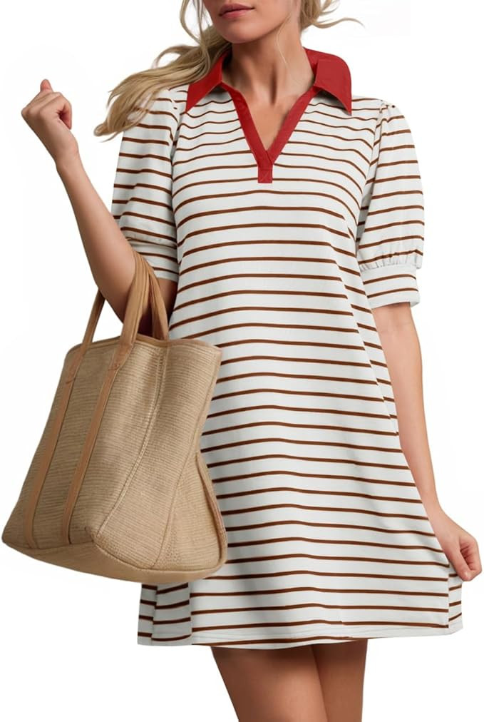 ZESICA Womens Summer Striped T Shirt Mini Dresses 2026 Casual Lapel V Neck Short Sleeve Flowy A L... | Amazon (US)