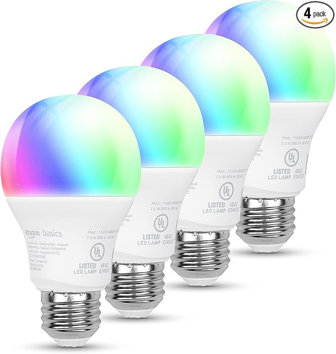 Amazon Basics Smart A19 LED Light Bulb, red, green, blue, white. color changing, 2.4 GHz Wi-Fi, 7... | Amazon (US)