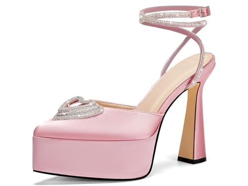 Coutgo Womens Platform High Chunky Heels Rhinestone Triple Heart Pointed Toe Ankle Strap Party Wedding Dress Pumps Shoes, Baby Pink, Size 7.5 | Amazon (US)