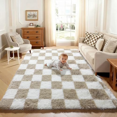 KICMOR 5x7 Beige and Cream White Area Rugs Fluffy Living Room Carpet, Large Fuzzy Checkered Shag ... | Amazon (US)