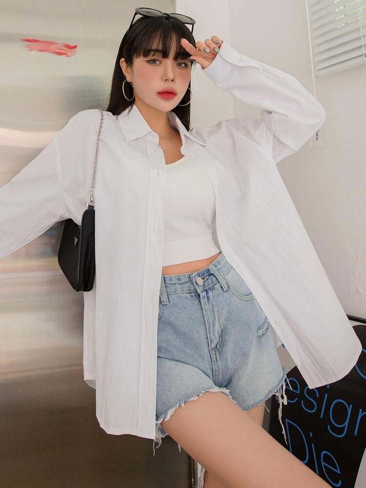 DAZY Solid Drop Shoulder Button Up Oversized Shirt | SHEIN