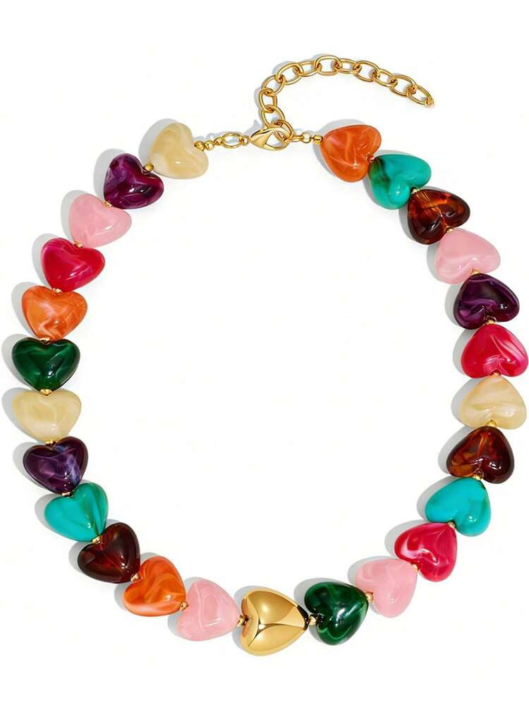 1pc Chunky Heart Necklaces For Women Colorful Resin Beaded Statement Necklace Cute Boho Y2K Choke... | SHEIN