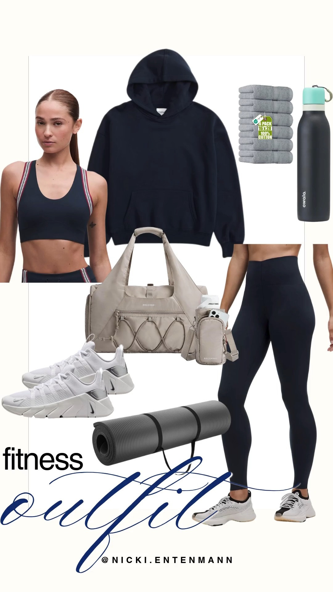 This navy fitness outfit pairs high-waisted leggings and a matching sports bra featuring preppy side stripes with an oversized navy hoodie. Accessories include white Nike sneakers, a taupe duffel bag with a matching water bottle holder, a grey yoga mat, cotton gym towels, and a matte black Owala bottle. It delivers a clean, coordinated look that blends high performance with effortless preppy-casual style.

#fitnessoutfit #athleisure #workoutstyle #preppycasual #activewear #everydaystyle 

 #LTKootd #LTKfitnessgoals #LTKSaleAlert
