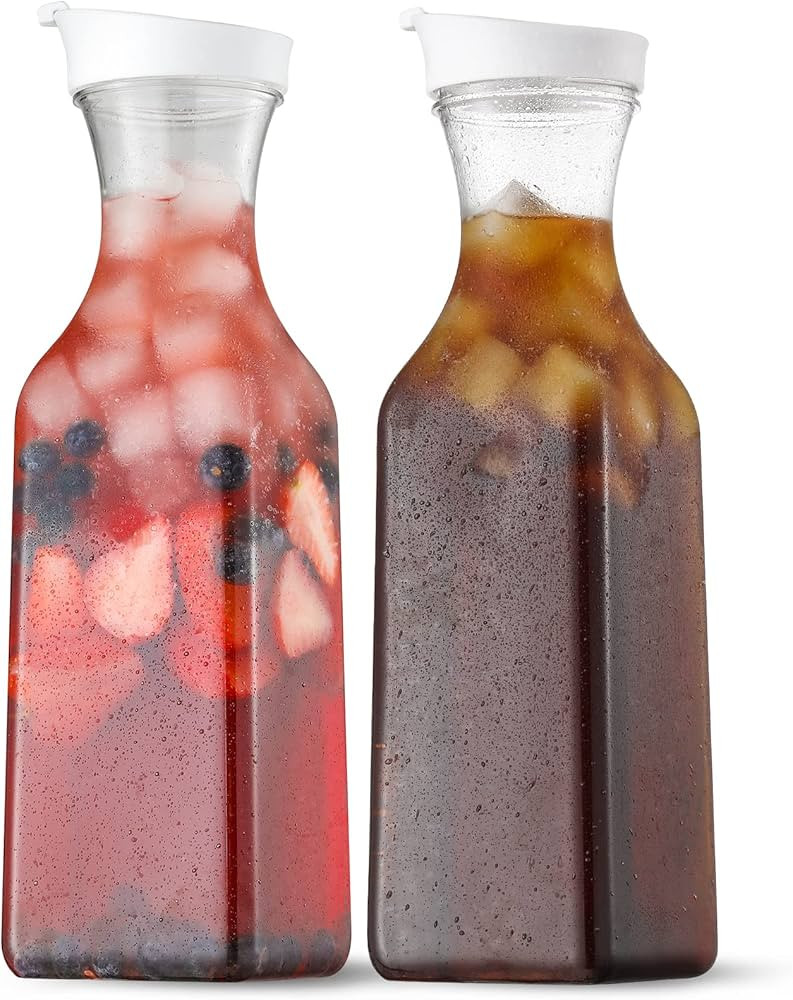NETANY Plastic 50 Oz Water Carafe with Flip Top Lid, Set of 2 Square Base Juice Containers, Clear... | Amazon (US)