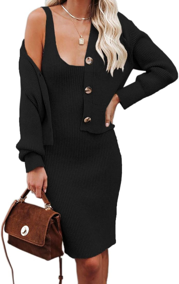 Womens Sexy Sleeveless Scoop Neck Bodycon Dress and Sweater Cardigan Ribbed Knit 2 Piece Sweater Set | Amazon (US)