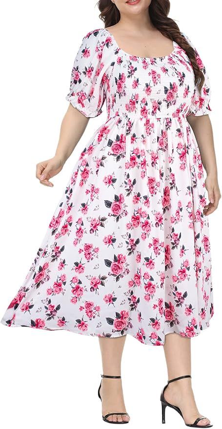 ALLEGRACE Plus Size Dress for Women Boho Floral Square Neck Summer Casual Flowy Party Beach Maxi ... | Amazon (US)