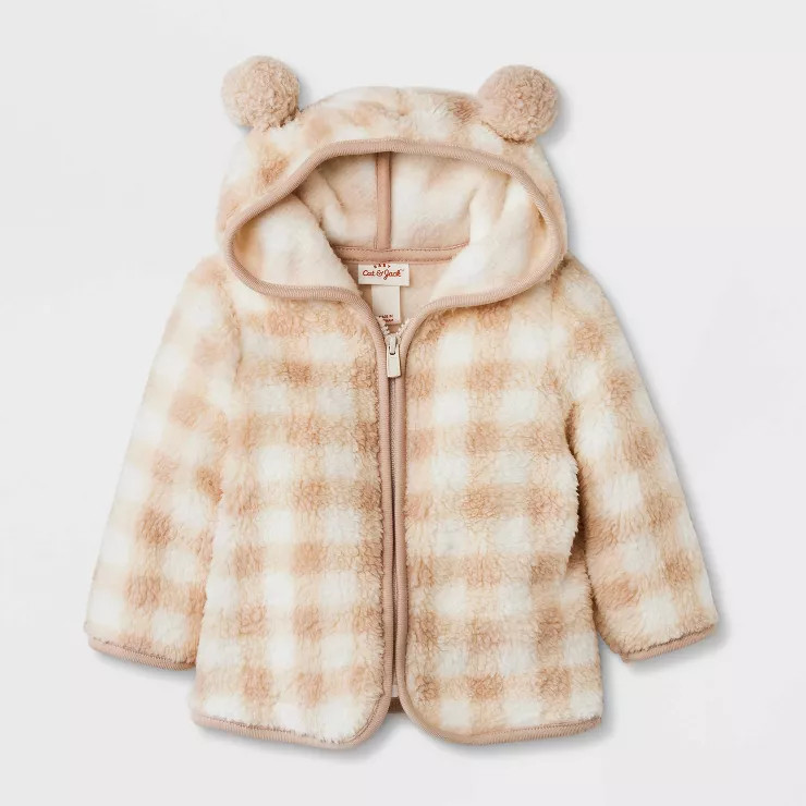 Baby Buffalo Plaid Critter Hood Faux Shearling Zip-Up Fleece Jacket - Cat & Jack™ Cream | Target