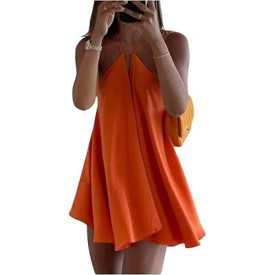 Coolmee Women's Mini Dress Halter Neck Sleeveless Tie Backless Swing Flowy Beach Dresses Summer Vacation Clothes Orange L | Target
