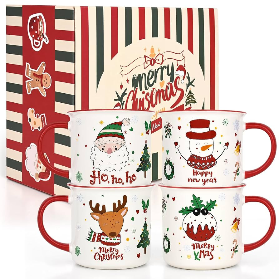 YHRJWN Christmas Mugs Set of 4, Christmas Coffee Mugs with Festive Design, Merry Christmas Mugs w... | Amazon (CA)
