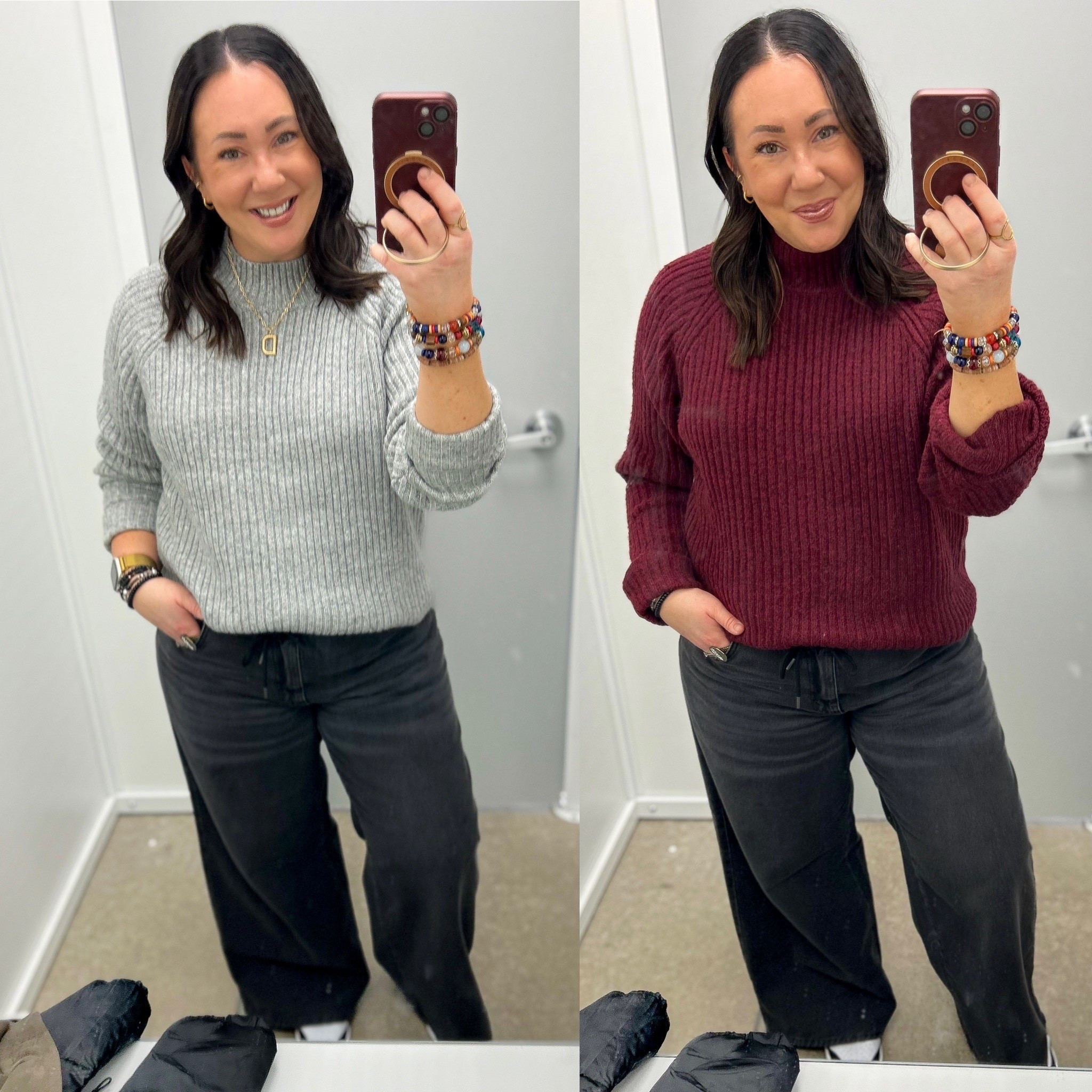 $19.98 ribbed mock neck sweaters @walmart.  XL in both colors. Large wide leg jeans.  @nike dunks run true size.  XL @gap tee  

#LTKFindsUnder50 #LTKOver40 #LTKMidsize