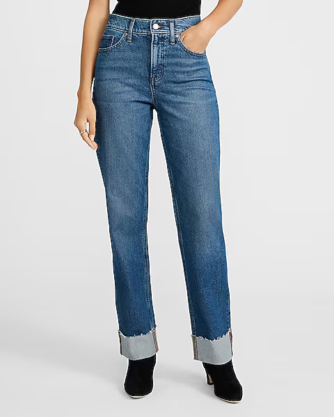 High Waisted Dark Wash Cuffed Hem Straight Jeans | Express