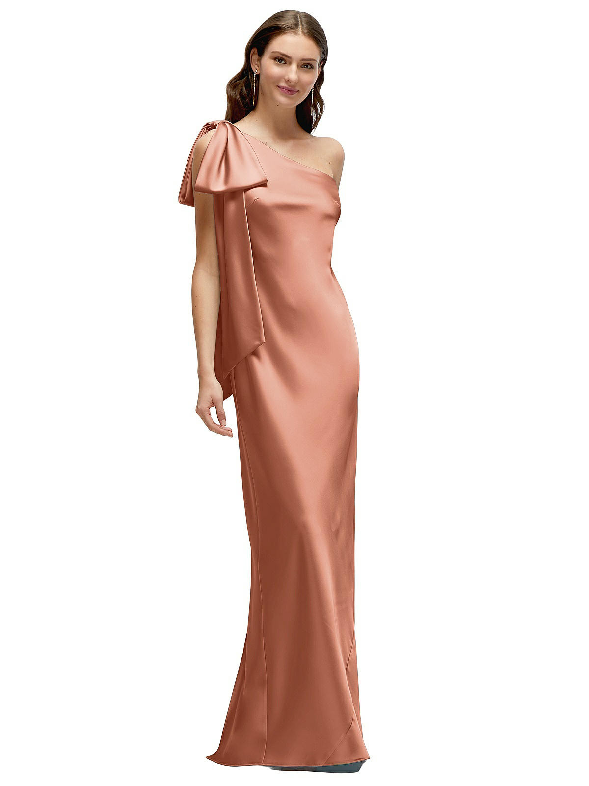 One-Shoulder Bias-Cut Satin Maxi Dress with Cascading Shoulder Bow in Copper Penny | Dessy Group