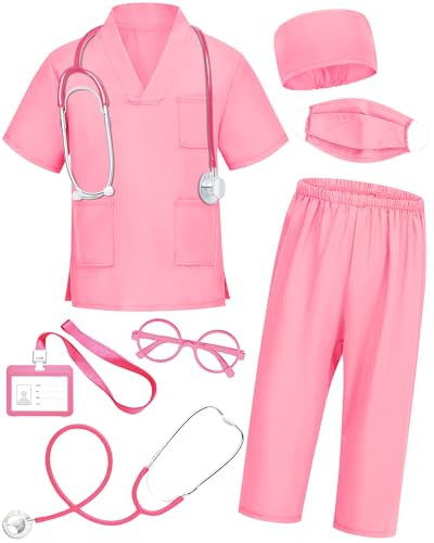 ICECUTE Doctor Scrubs for Kids,7 Pcs Scrubs Costume with Accessories,Halloween Costume for Boy Girls,3-11 Years (Pink, 8-9Years) | Amazon (US)